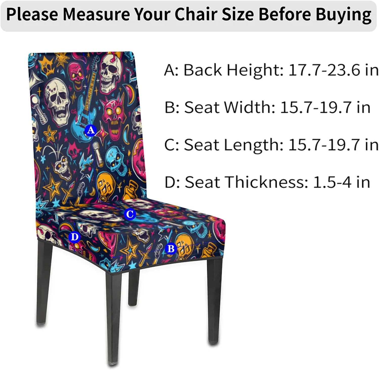 QsirBC Skulls Guitar Stretch Dining Room Chair Covers Set of 4 Chair Slipcovers Removable Washable Kitchen Seat Covers Chair Protectors for Hotel Party Wedding