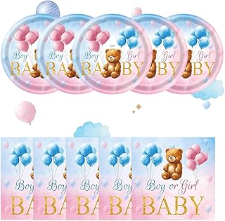 40 Pcs Gender Reveal Decorations - Boy or Girl Plates and Napkins Set, Pink and Blue Baby Bear Paper Plates Napkins Disposable Tableware for Gender Reveal Party Supplies Table Decor Favors, Serve 20