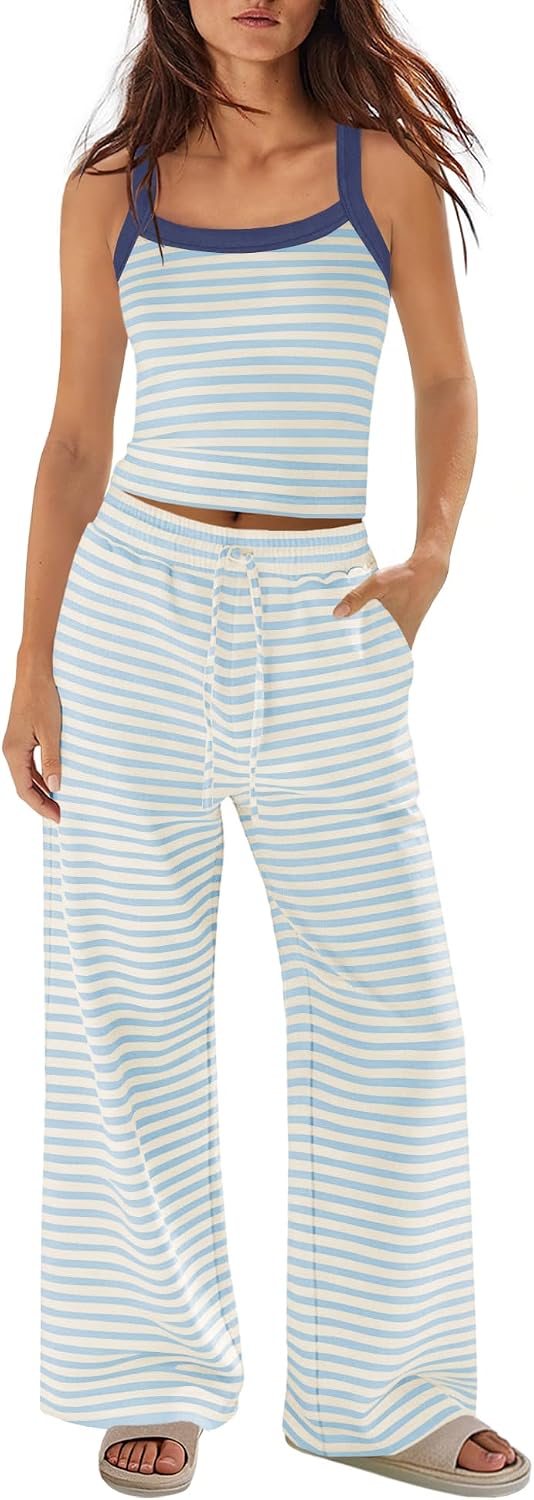 Panadila Womens Two Piece Sets Summer Striped Lounge Set Spaghetti Strap Tank Top Drawstring Pant Beach Vacation Outfits