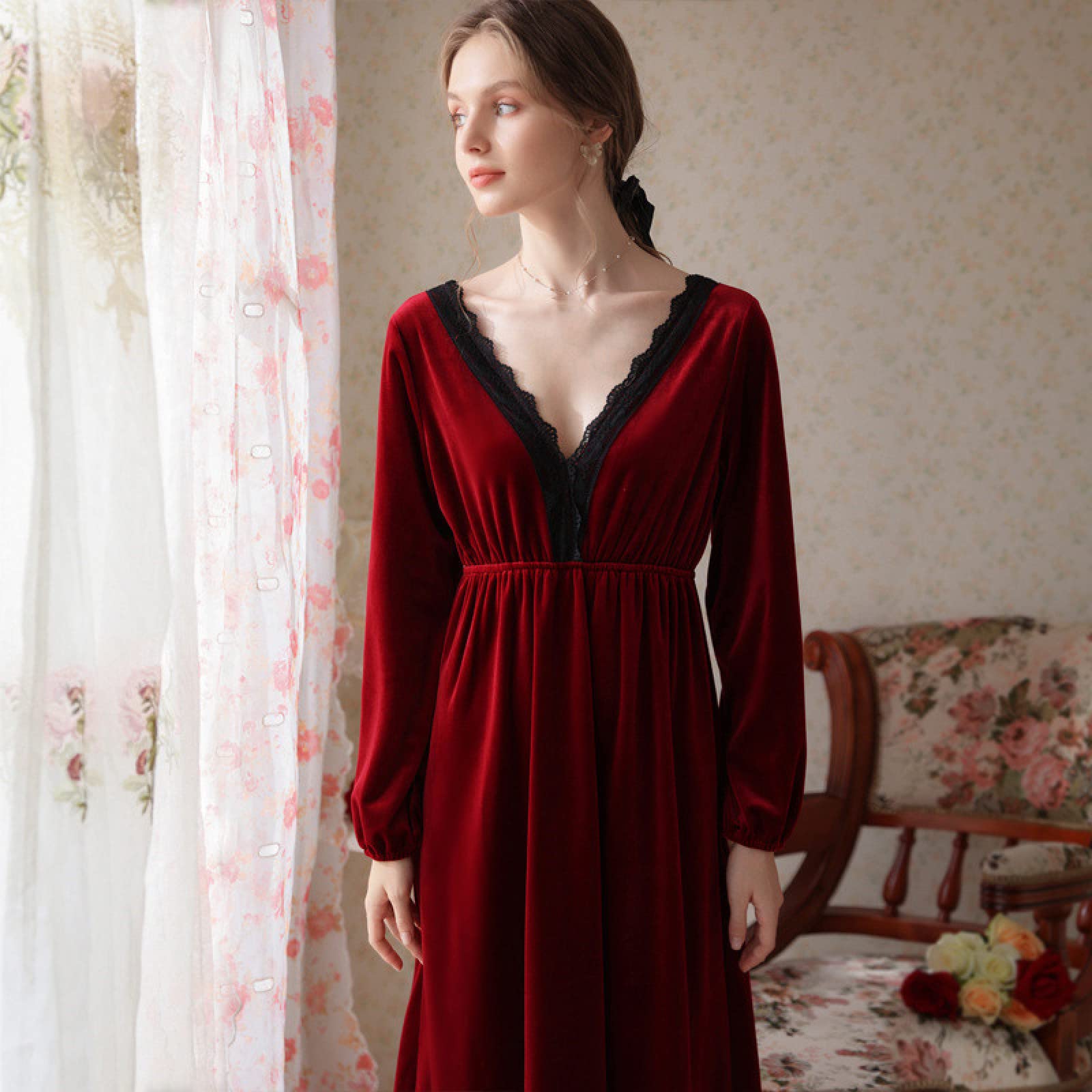 OFFSUM Camicia da Notte Donna - Primavera Autunno Alta qualità Vcollo Velluto Camicia da Notte Abbigliamento Comodo Pigiameria Vestito Lingerie