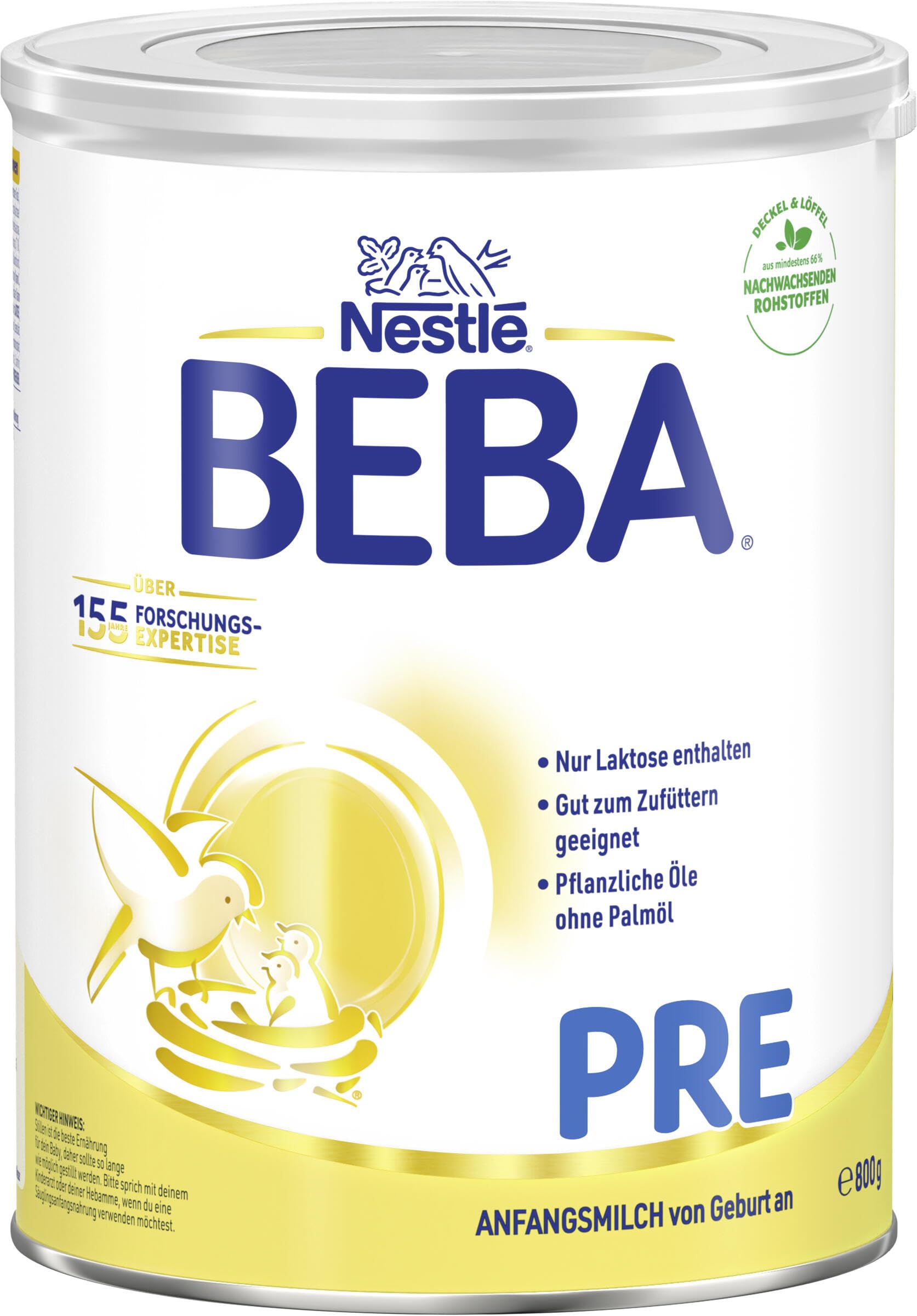 BEBA PRE - Anfangsmilch von Geburt an, Nur Laktose, Ohne Palmöl, Ohne Fischöl, Babynahrung, Baby-Milchpulver, 3er Pack (3 x 800g)
