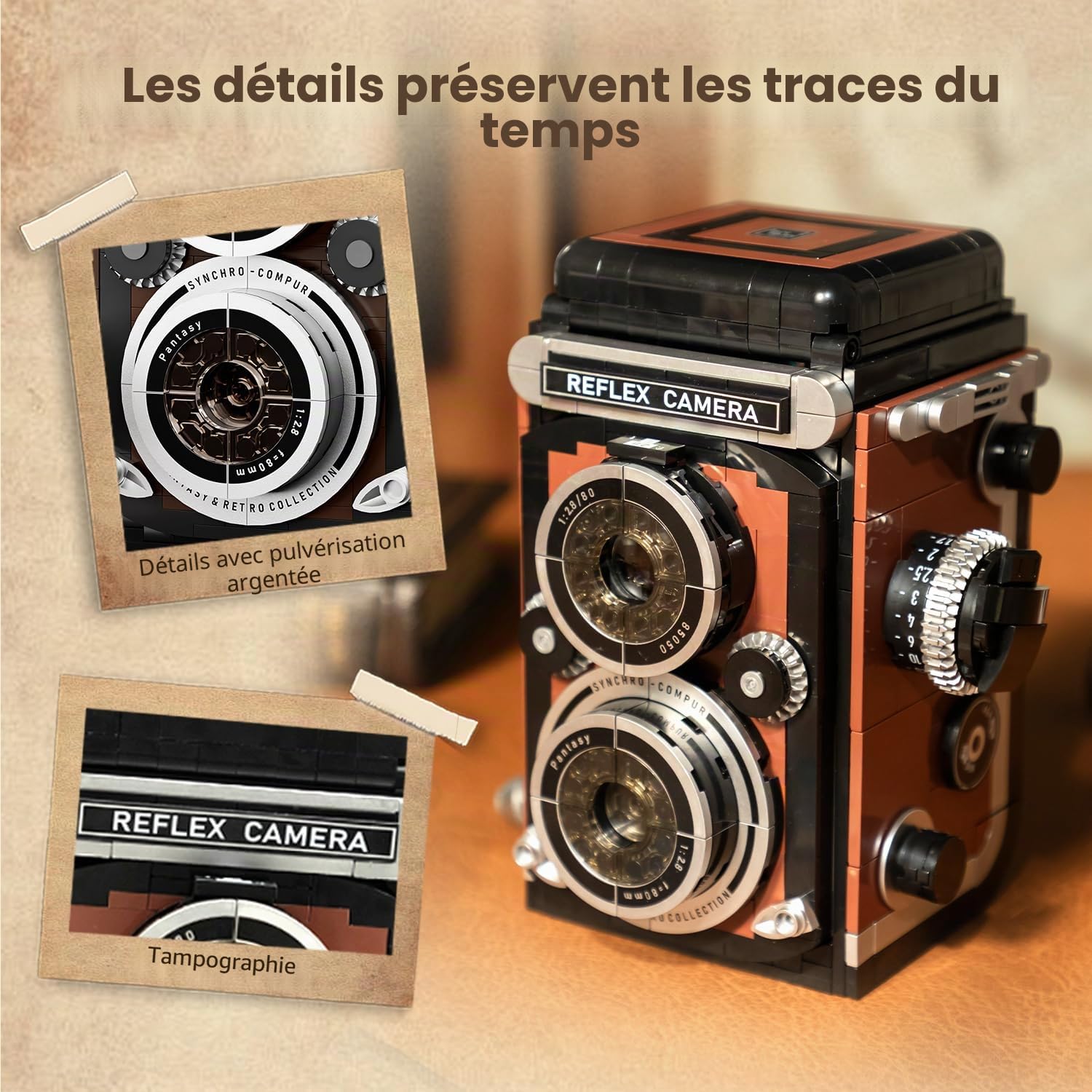 PANTASY Ensemble de briques de construction miniature pour adultes, modèle de caméra rétro à double objectif réflex classique avec fonctions interactives, appareil photo vintage modèle de collection