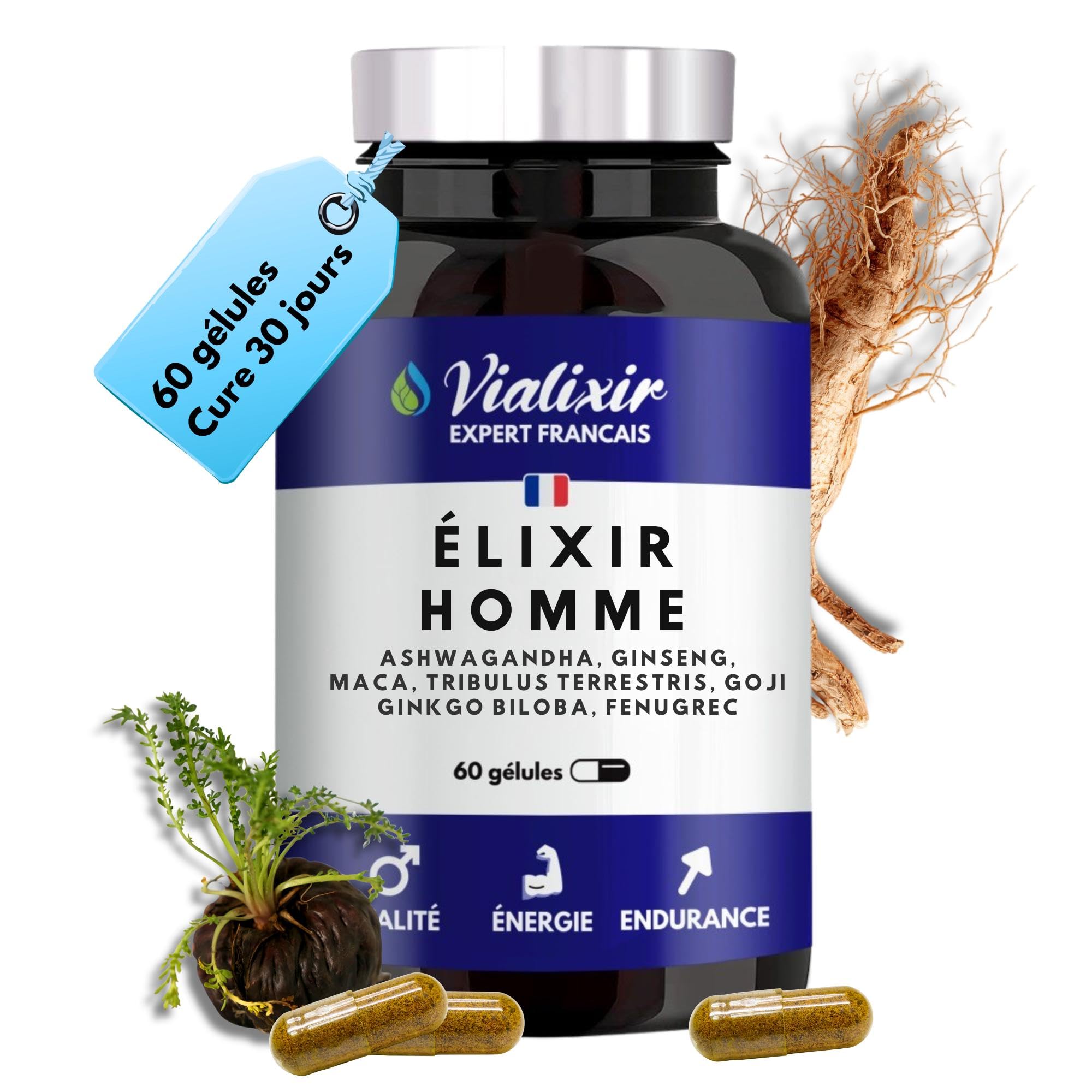 Vitalité & Énergie Homme | Ashwagandha, Maca Bio, Ginseng Rouge, Tribulus, Fenugrec | Endurance & Tonus | 60 Gélules | 100% Naturel | Fabriqué en France – Vialixir