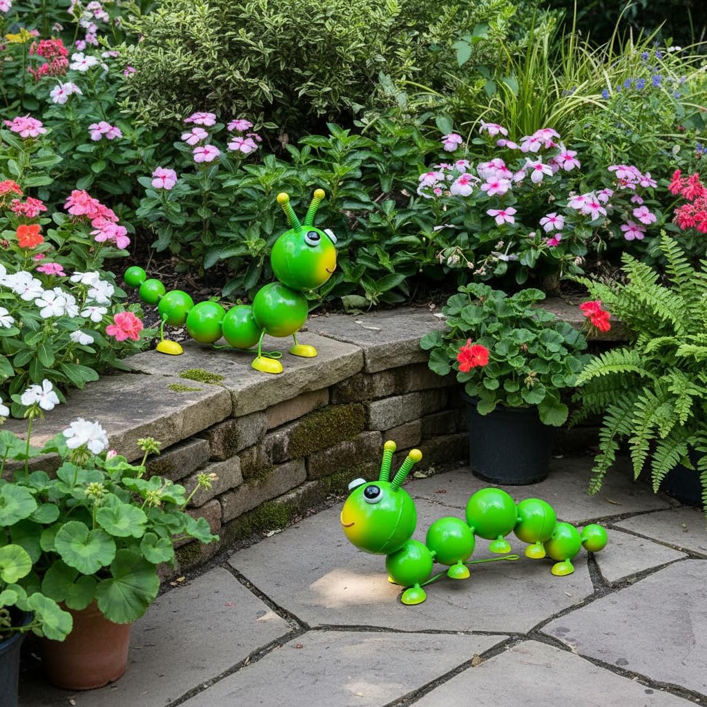 Cruis Cuka Metal Caterpillar Statue Yard Art Garden Decor for Outside Patio Lawn Ornaments Fence Decorations Gift for Family,Friends,Garden Lovers - Set of 2(Green)
