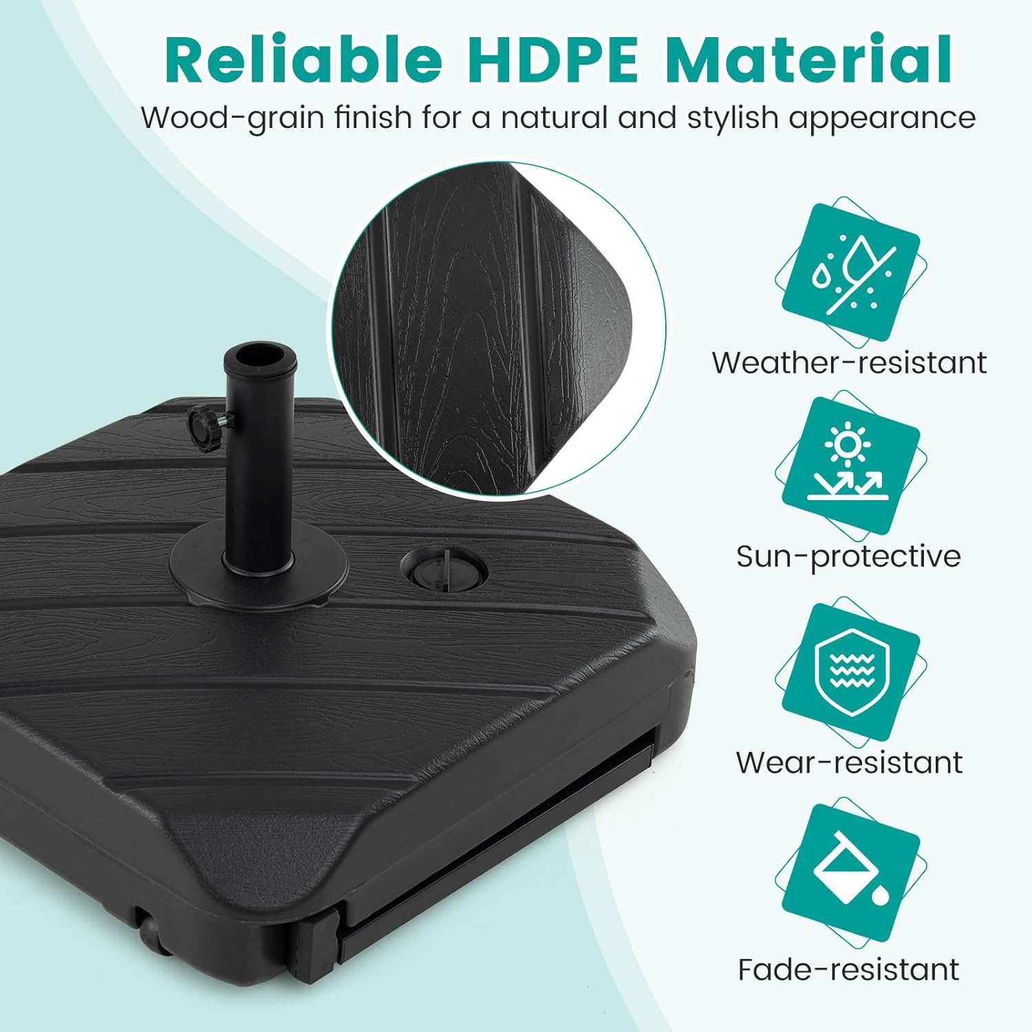 Giantex Rolling Patio Umbrella Base with Wheels and Pull Rod, 211 lb Fillable Heavy Duty Umbrella Stand for 7.5–11 ft Market Umbrellas, Fits 1.5''–1.9'' Poles, Outdoor HDPE Wood Grain Base