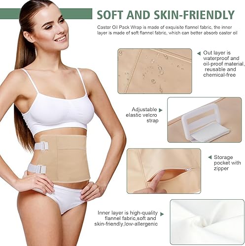 Miniatura 3 de Paquete de aceite de ricino orgánico reutilizable para desintoxicación del hígado, banda elástica ajustable de doble capa de algodón de franela