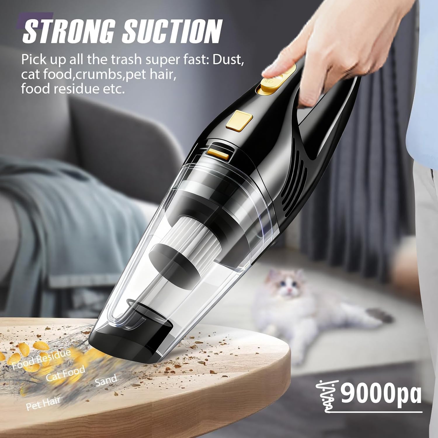 Car Vacuum Portable Cordless – 9000PA Strong Suction, Lightweight & Rechargeable – Includes Multi-Nozzle Attachments for Car, Home, Office, and Pet Hair – Compact & Powerful Black Gold Vacuum