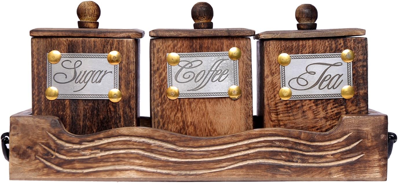WILLART Handmade Wooden Antique Look Tea Coffee Sugar 3 Container Set in Wooden Tray – Container with Lids