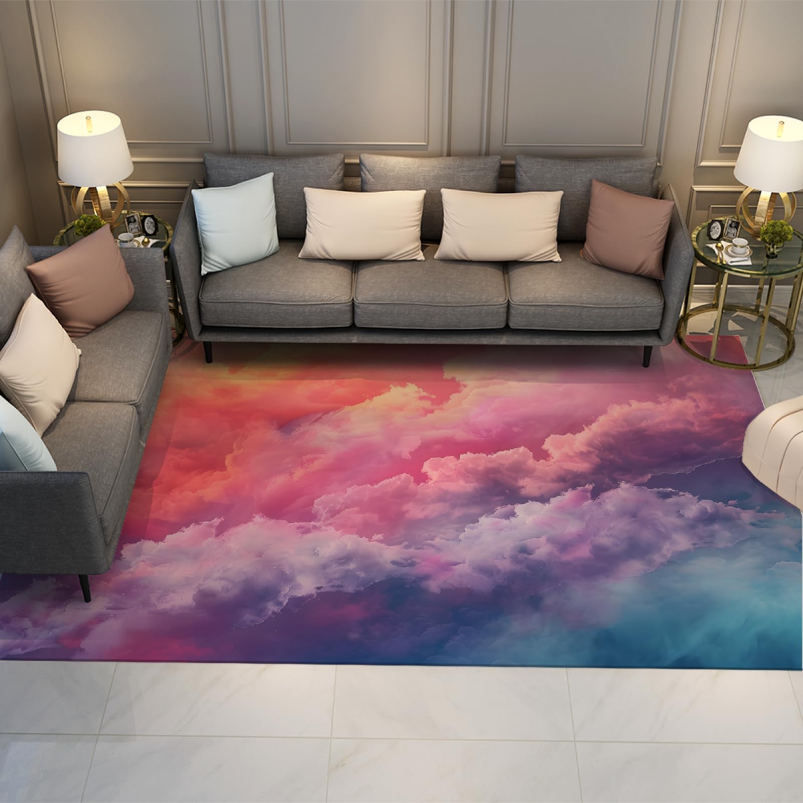 Tapis nuages arc-en-ciel facile à nettoyer pour chambre et salon 90x120cm