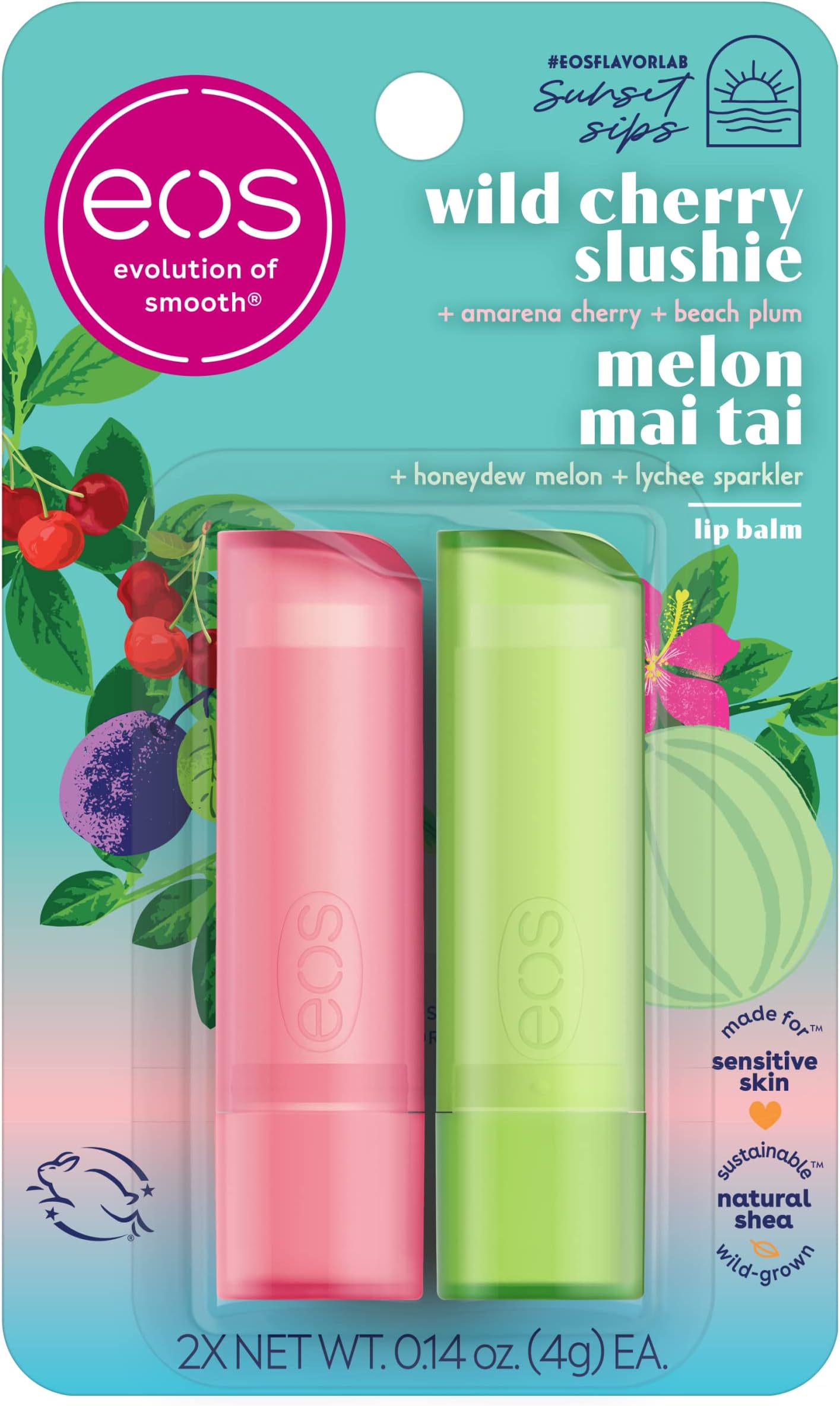 eos Sunset Sips Lip Balms- Melon Mai Tai & Wild Cherry Slushie, All-Day Moisture, Lip Care, 0.14 oz, 2-Pack