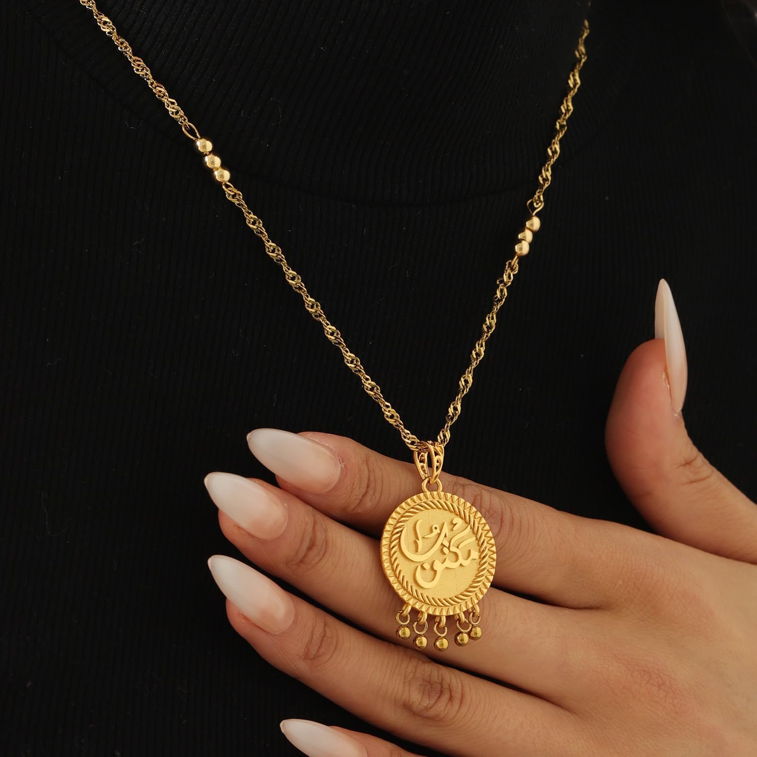 Maktub Coin Necklace Vintage Arabic Amulet Pendant Spiritual Jewelry for Men and Women Antique Gold Chain Handmade Destiny Talisman Retro Gift for Him or Her Boho Minimalist Style