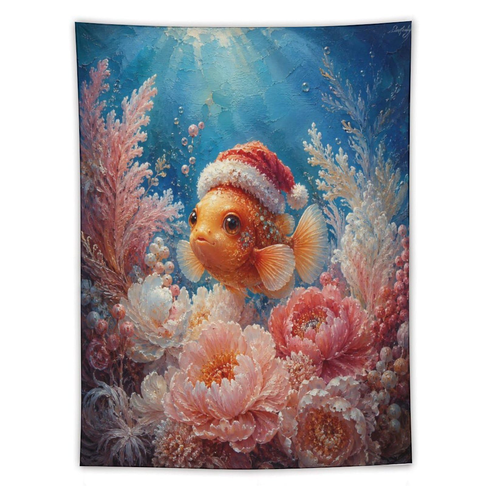 W7C8U2X3 Clownfish Santa Hat Coral Wall Tapestry, Soft Underwater Glow