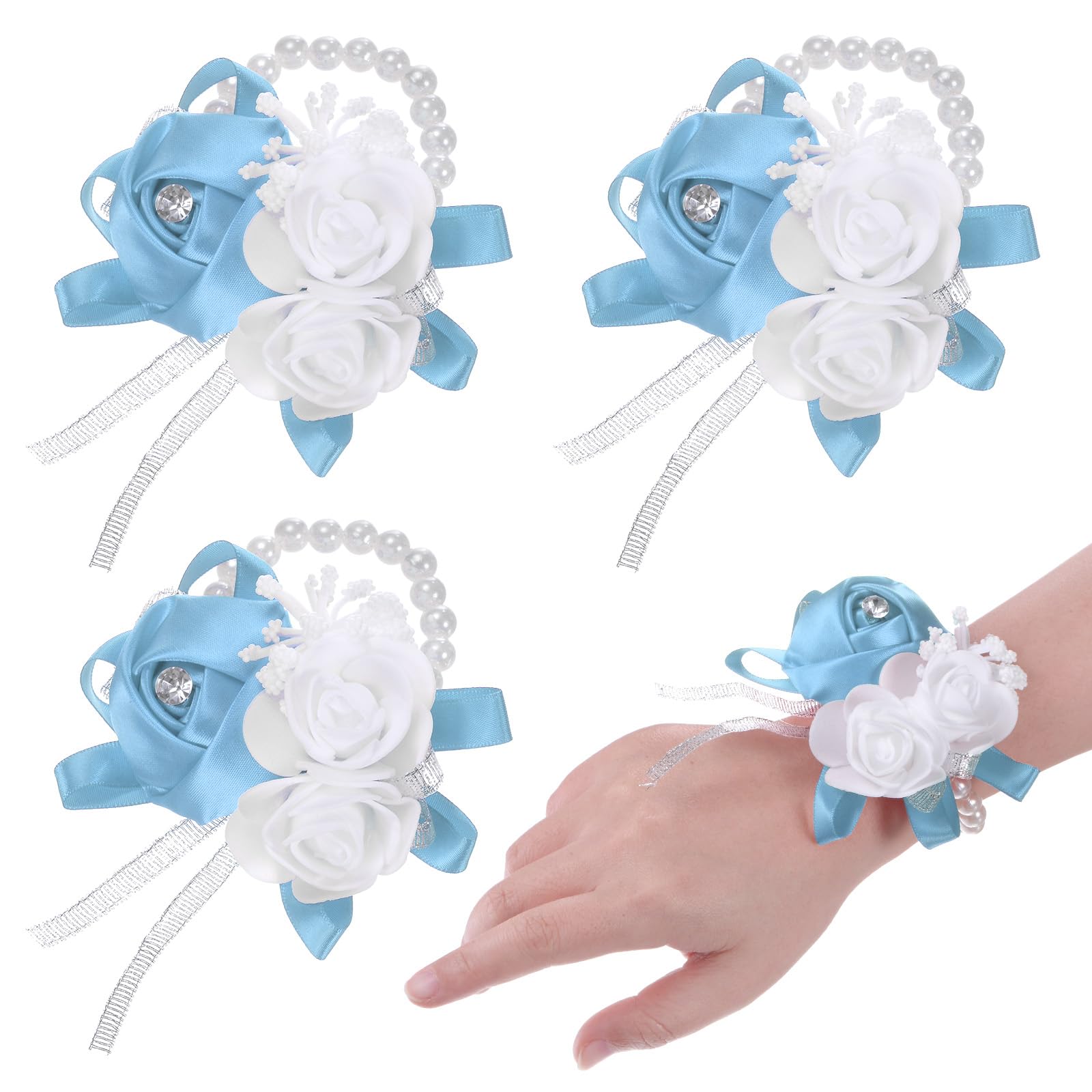 M METERXITY 3-Pack Corsage Wristlet Bracelet, Elastic Pearl Wrist Corsage Bands Wristlets