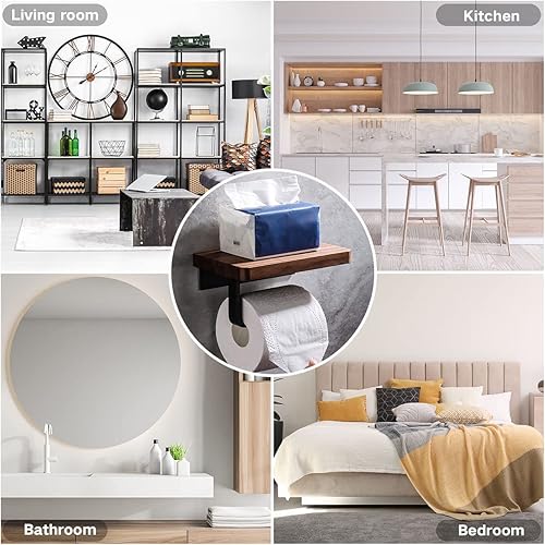 Miniatura 4 de Soporte de papel higiénico con estante de madera de nogal natural, colgador de rollo de papel para colgar en la pared, toallero de papel de acero