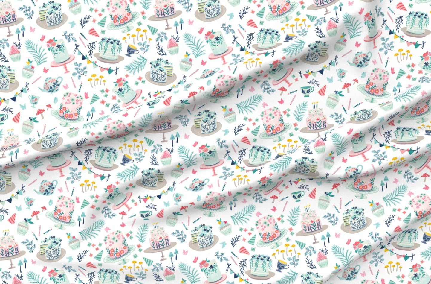 Spoonflower Fabric - Tea Party Garden Summer Botanical Birthday Celebration Whimsical Printed on Petal Cotton Fabric Fat Quarter - Sewing Quilting Apparel Crafts Decor
