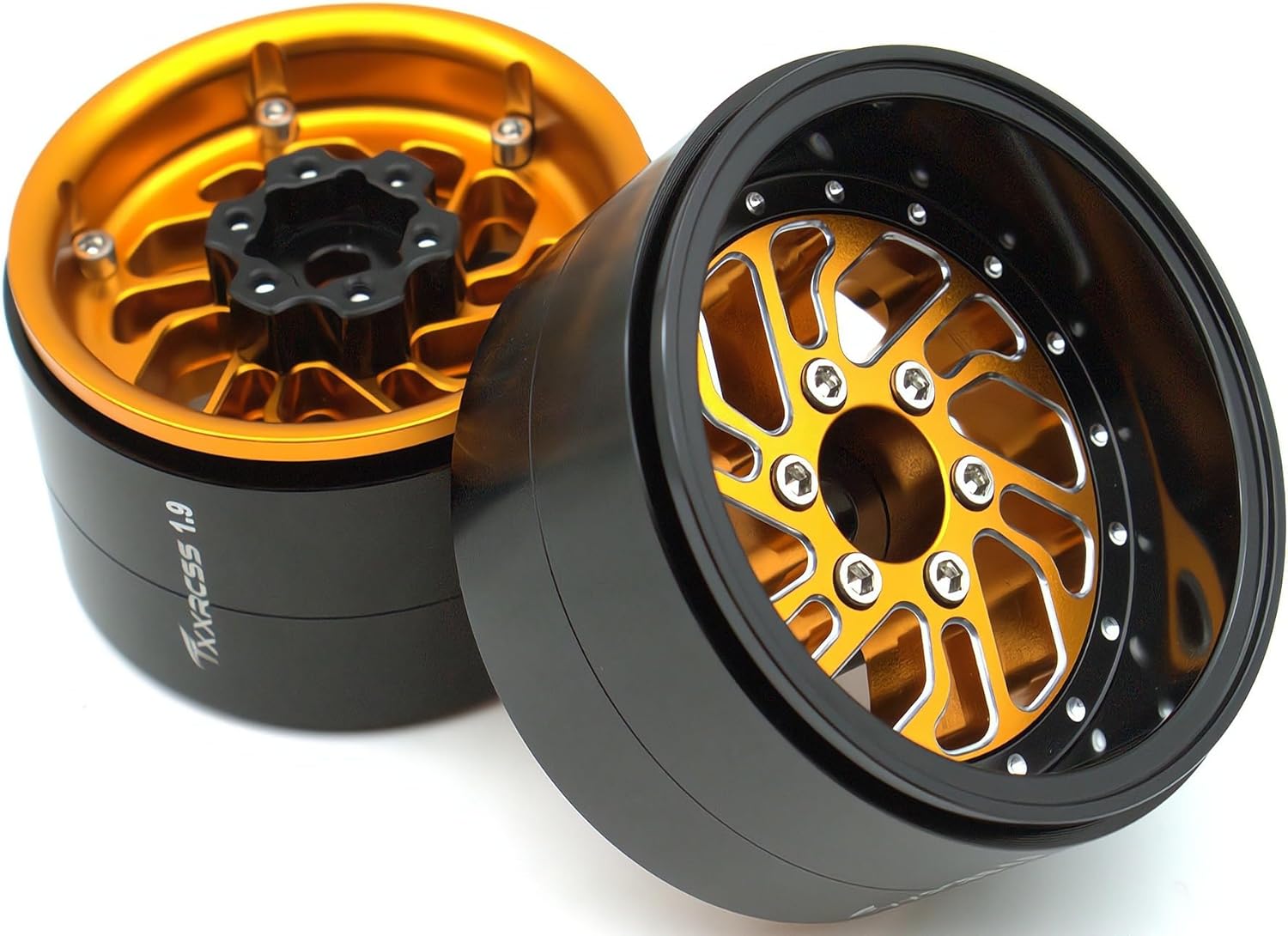 RC 1.9 Inch Beadlock Wheels Offsets -8.5mm Rims Hex 12mm Aluminum Wheel for TRX4 TRX6 SCX10 Gen8 1/10 RC Crawler Remote Control Car Upgrades Accessories (Golden & Black)