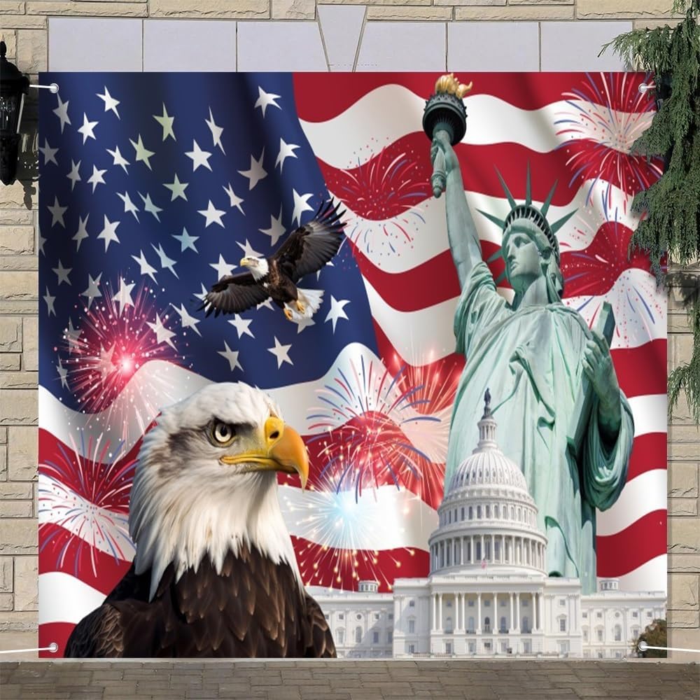 Leyiyi 7x8ft Independence Day Garage Door Banner Decorations American Flag Statue of Liberty Bald Eagle 4th of July Garage Door Backdrop for Labor Day Veterans Memorial Day Patriotic Party Decor