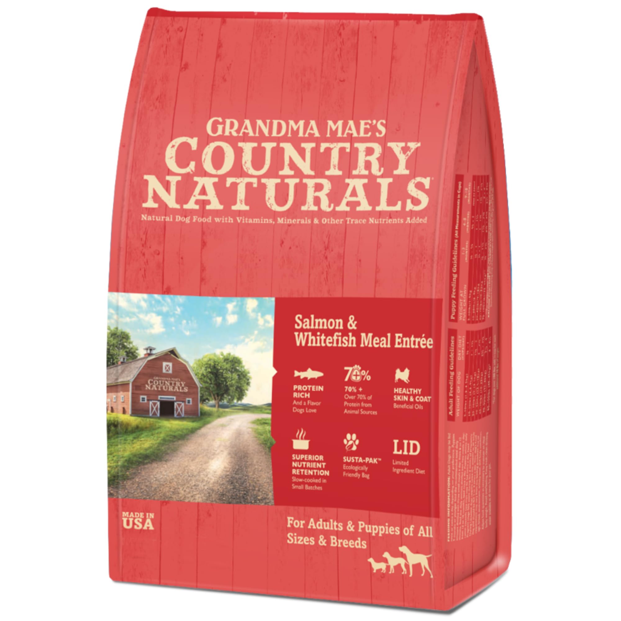 Grandma Mae's Country Naturals Dry Dog Food, Salmon, Whitefish & Brown Rice, Slow Cooked & Nutrient Dense, Made in USA, 25 LB Bag