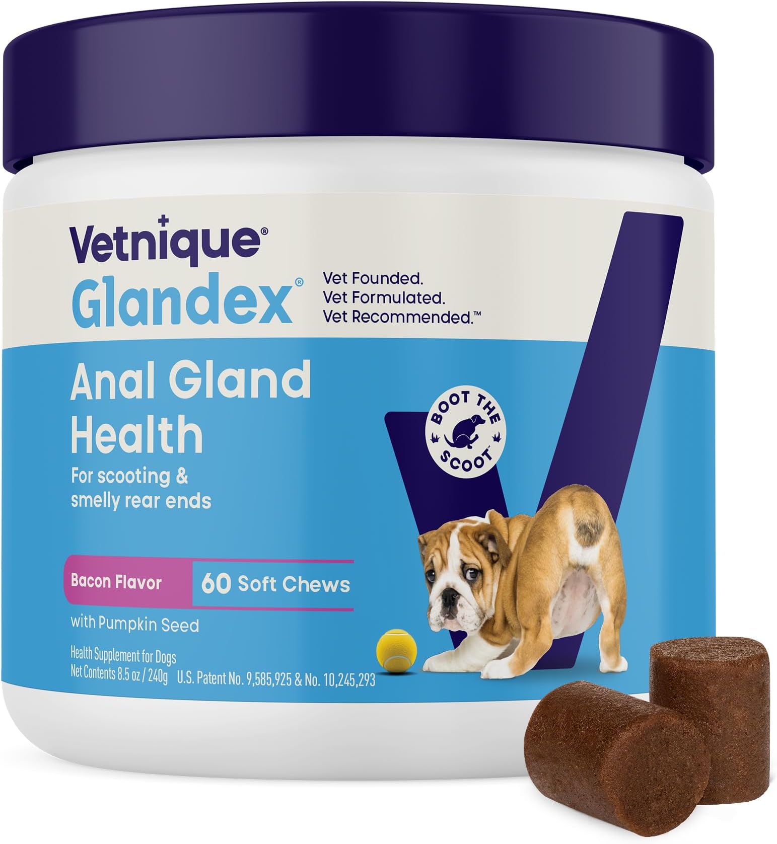 Glandex Anal Gland Soft Chew Treats with Pumpkin for Dogs Digestive Enzymes, Probiotics Fiber Supplement for Dogs Boot The Scoot (Bacon Flavor Chews, 60 Count)