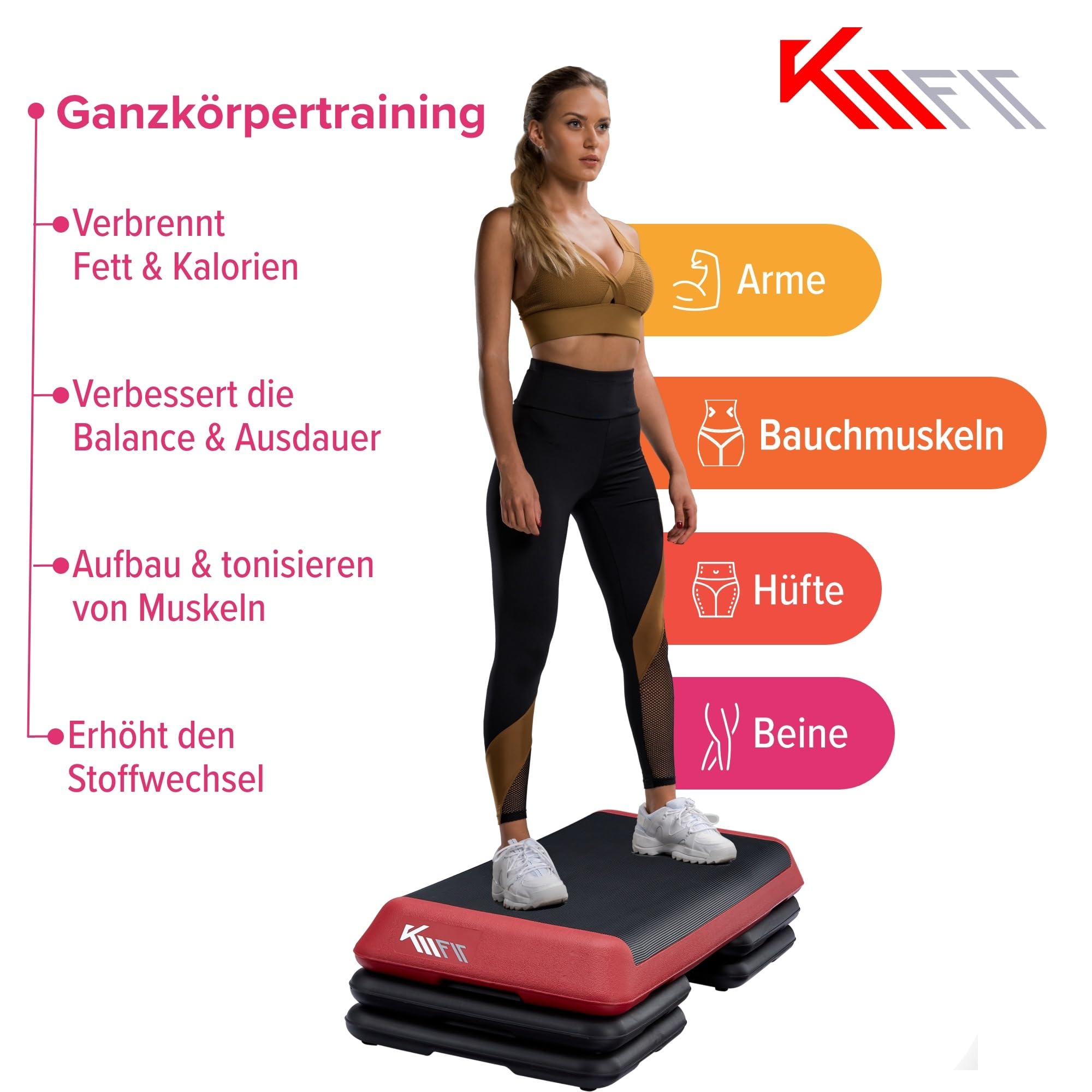 KM-Fit Fitness Stepper | Steppbrett Aerobic Stepper für zuhause | Step-Bench 3-fach höhenverstellbar | Belastbarkeit bis 200 kg | Home-Stepper | 108 × 41 × 10/15/20 cm | Aerobic Steppbank