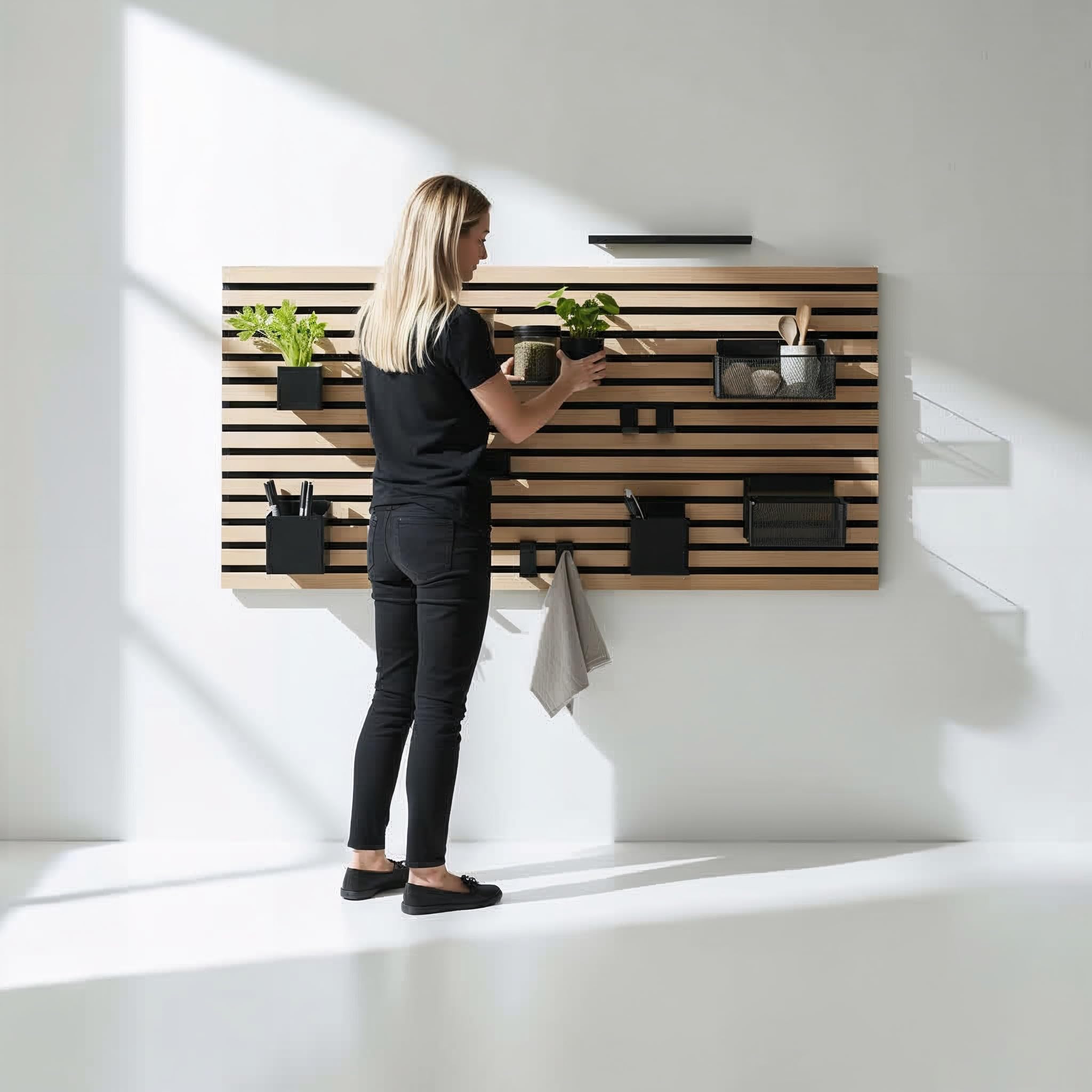 Steinmine - Designmanufaktur Wandorganizer (60 x 120 cm) - Akustikpaneel mit Eichenholzlamellen - inkl. Zubehör - einfache Montage - für Büro, Flur, Küche, Bad und mehr