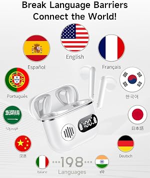 AI Translation Earbuds 198 Language Translator Earbuds Wireless Earbuds 2026 Sport Bluetooth Headphones Stereo Earphones with ENC Mic Wireless Earphones in Ear Earbuds with Dual LED Display(White)