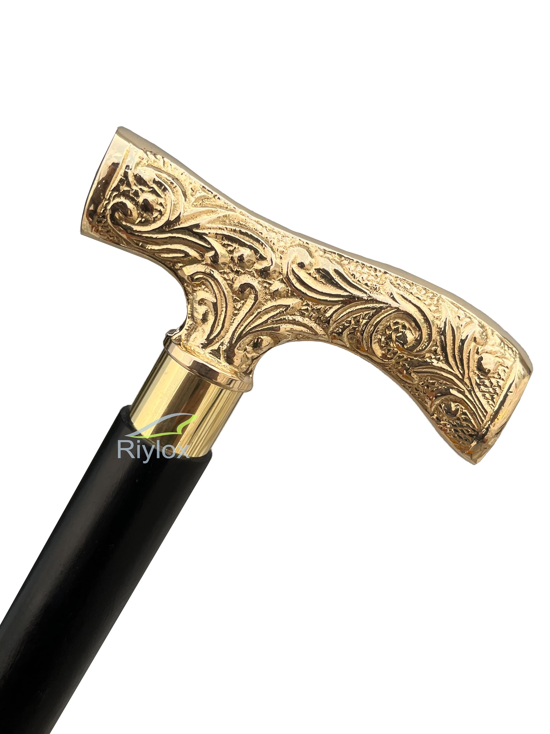 Riylox Antique Brass Walking Stick Deluxe Walking Cane Beautiful Brass Golden Handle Walking Stick for Men and Women Gift