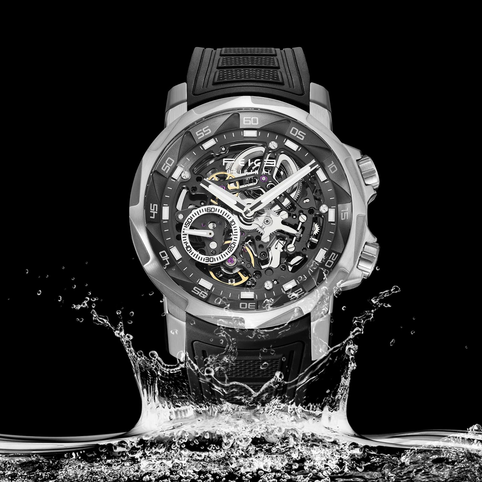 FEICE FM511 Herren Automatikuhr Skelett Saphirglas Schwarzem Gummiarmband | Edelstahlgehäuse 46 mm, Skelettiertes Zifferblatt, Leuchtzeiger, Wasserdicht bis 5 ATM