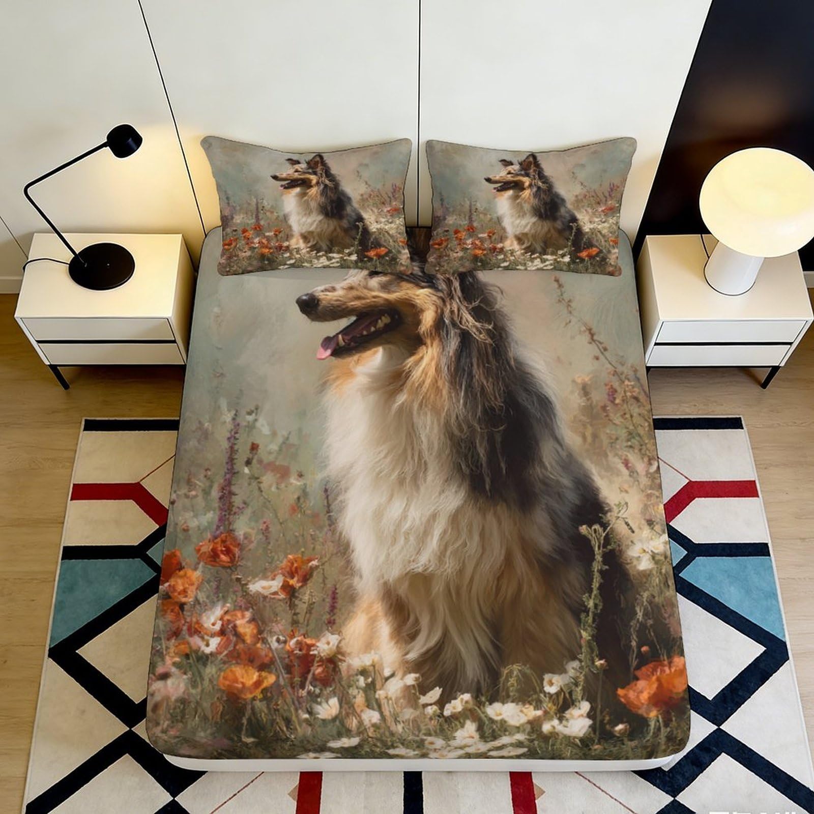 3D Printed Collie Dog Meadow Fitted Sheet Microfiber Soft Non-Slip Bed Cover for Bedroom Guest Room Decor 120x200x25cm