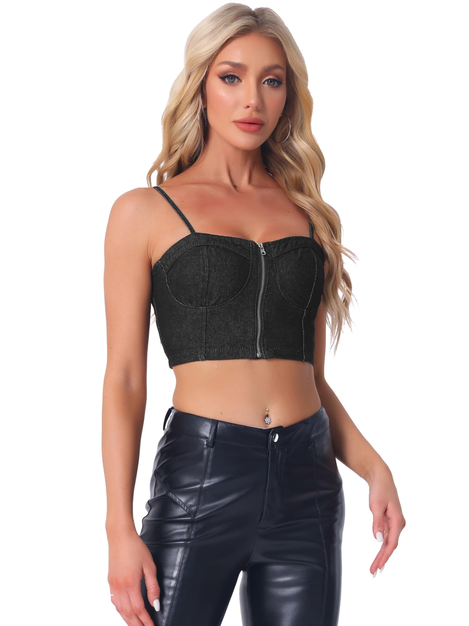 Allegra K Denim Bustier Crop Top for Women's Zip Up Adjustable