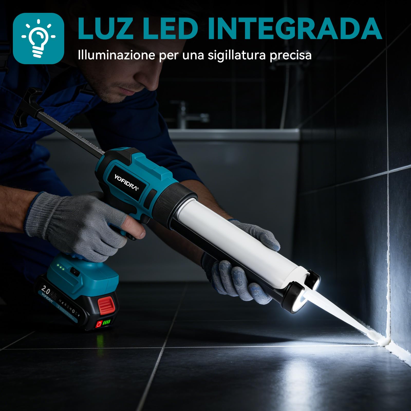 Yofidra Pistola de silicona con batería de 2 baterías de 2,0 Ah, 6 velocidades, 16 boquillas, juego de herramientas de sellado de silicona, luz LED, jeringa de silicona, batería para cartuchos de 300