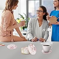 Vista 7 de Juego de 6 posavasos de mármol rosa con base de corcho, posavasos absorbentes con soporte para mesa de comedor, regalos de inauguración de la casa