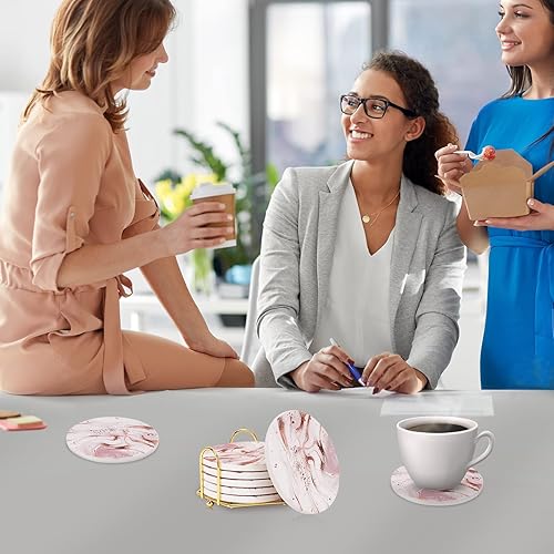 Miniatura 7 de Geichan Juego de 6 posavasos de mármol rosa con base de corcho, posavasos absorbentes con soporte para mesa de comedor, regalos de inauguración de