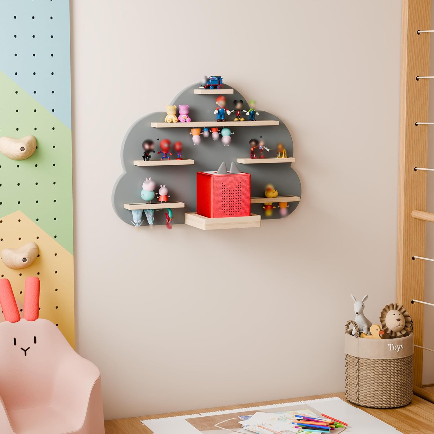 Cloud Tonies Shelf for Toniebox Storage - Unique Floating Magnetic Wall Shelves for 20-30 Tonie Figures, Beech Wood Display Tonie Shelf for Children Kids (Grey)