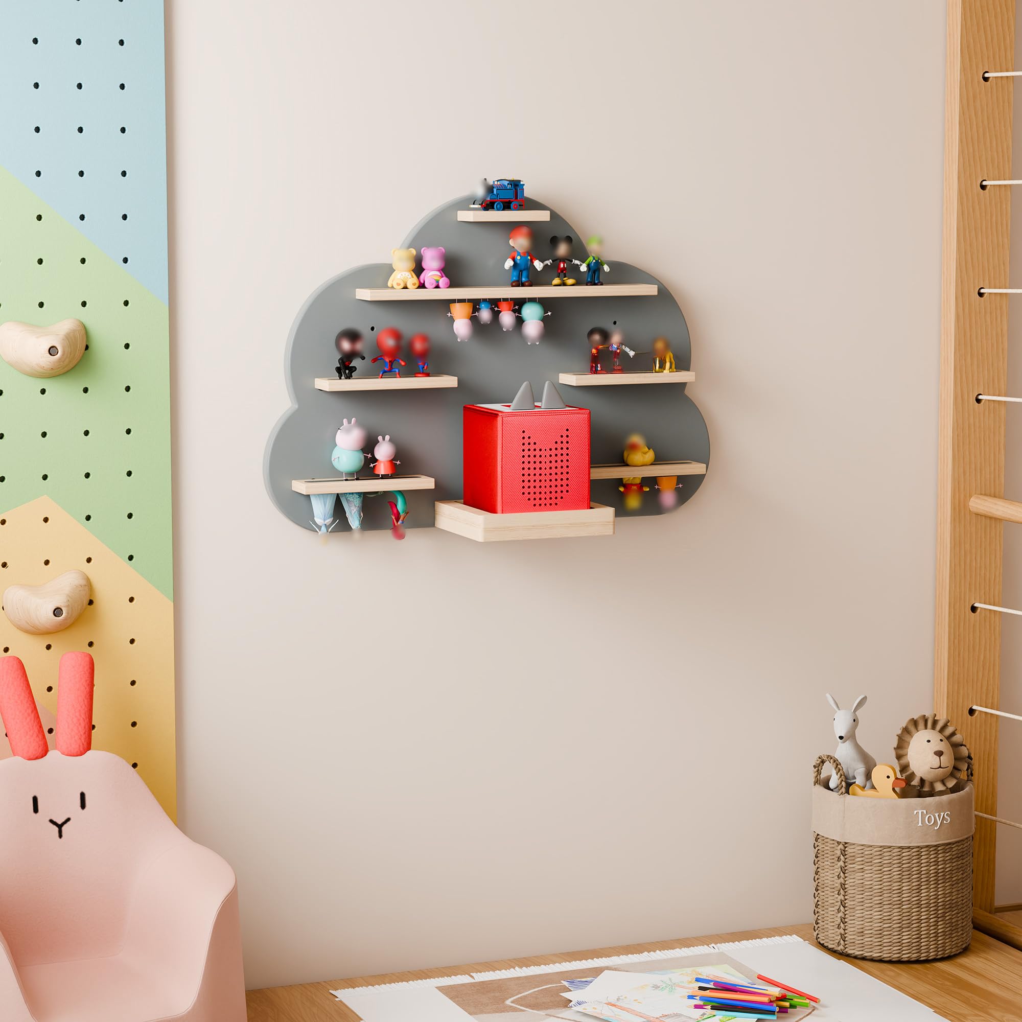 Cloud Tonies Regal für Toniebox-Aufbewahrung – einzigartige schwebende magnetische Wandregale für 20–30 Tonie-Figuren, Buchenholz-Display, Tonie-Regal für Kinder (Grau)