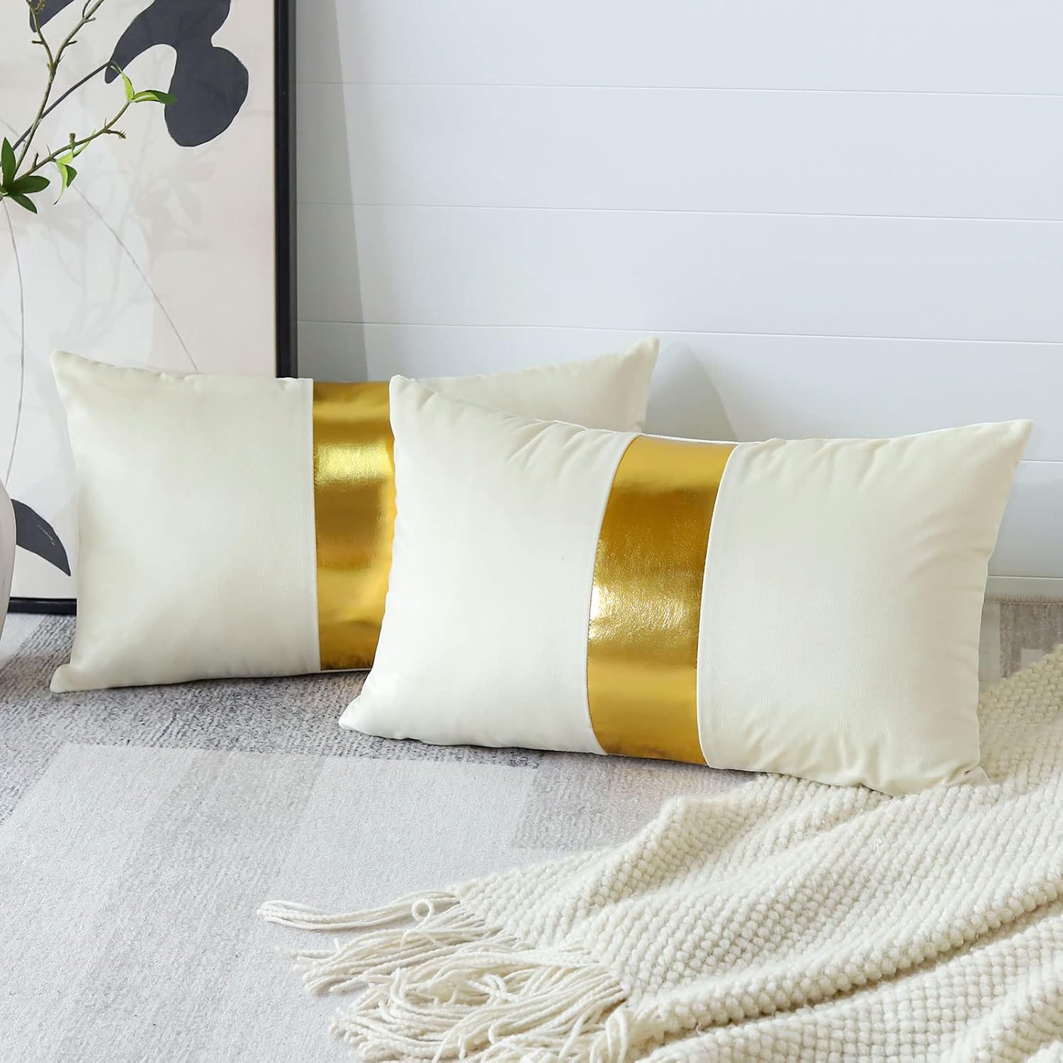 Artscope White Beige Velvet Throw Pillow Covers with Gold Leather Stitching Luxury Modern Minimalist Square Pillowcase Cushion Covers for Bed Couch Sofa 12x20Inch Set of 2