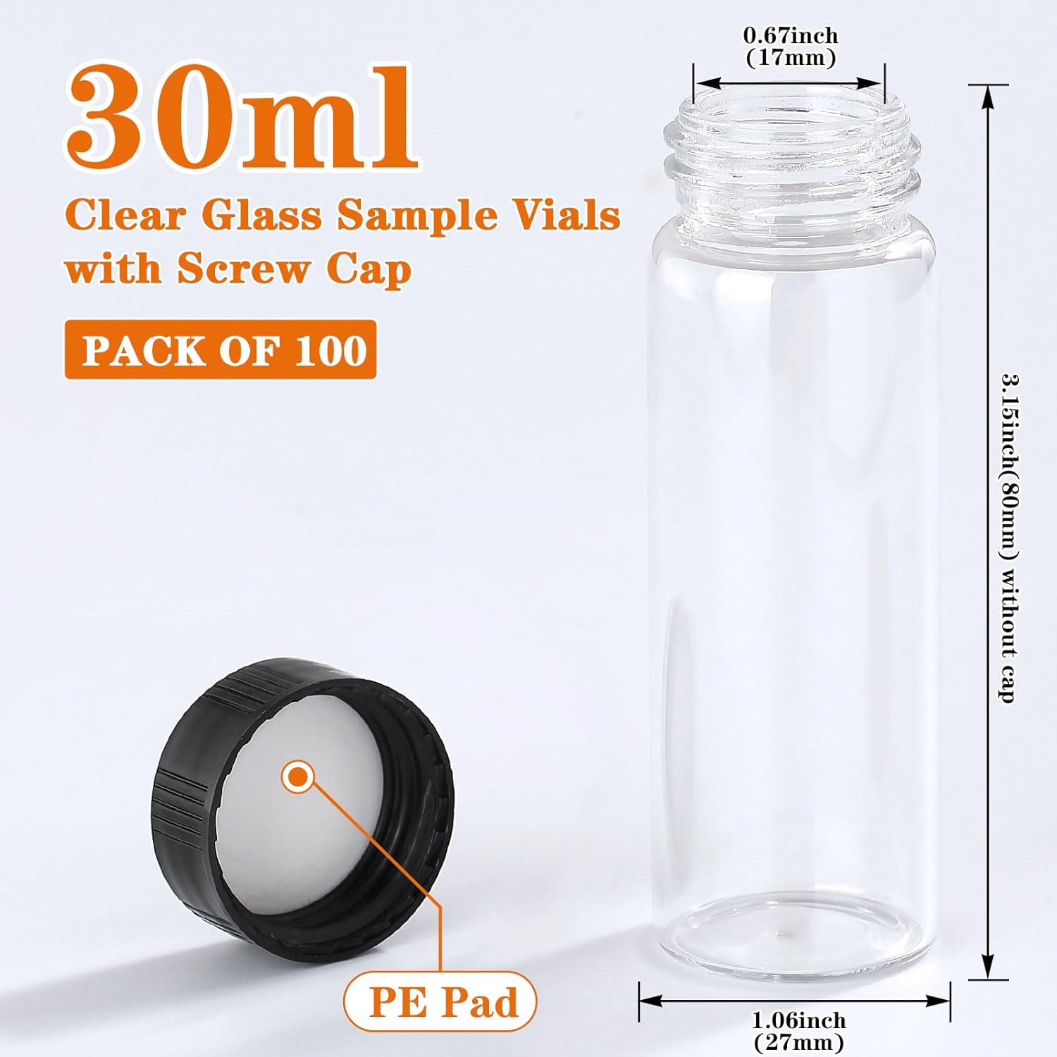 1oz Clear Glass Vials with Lid 100pcs 30ml Screw Caps Liquid Sample Bottle for Essential Oil