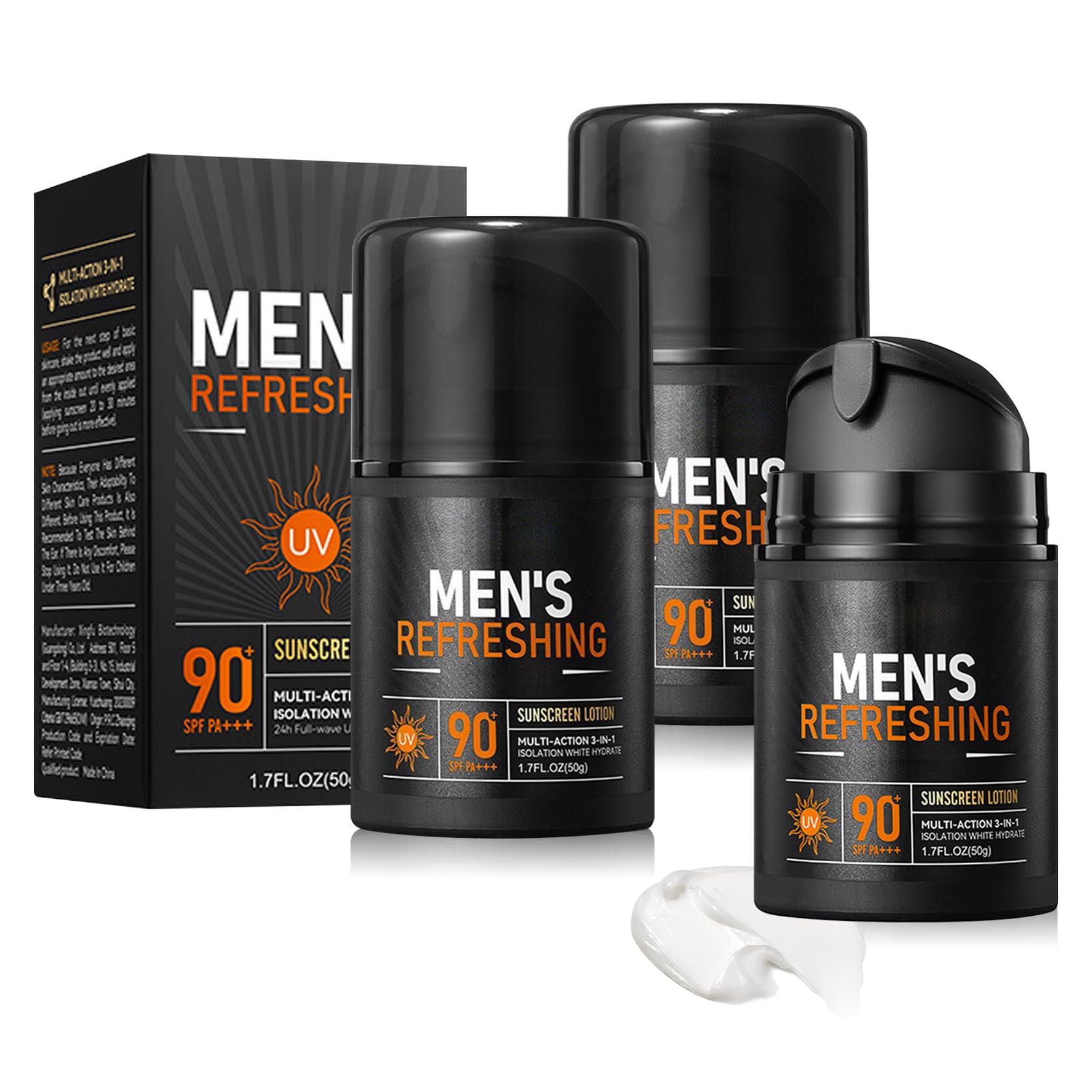 3PCS Mens Sunscreen Men Face Moisturizer with SPF 90 PA Oil Control Refreshing Sun Screen for Daily Sun
