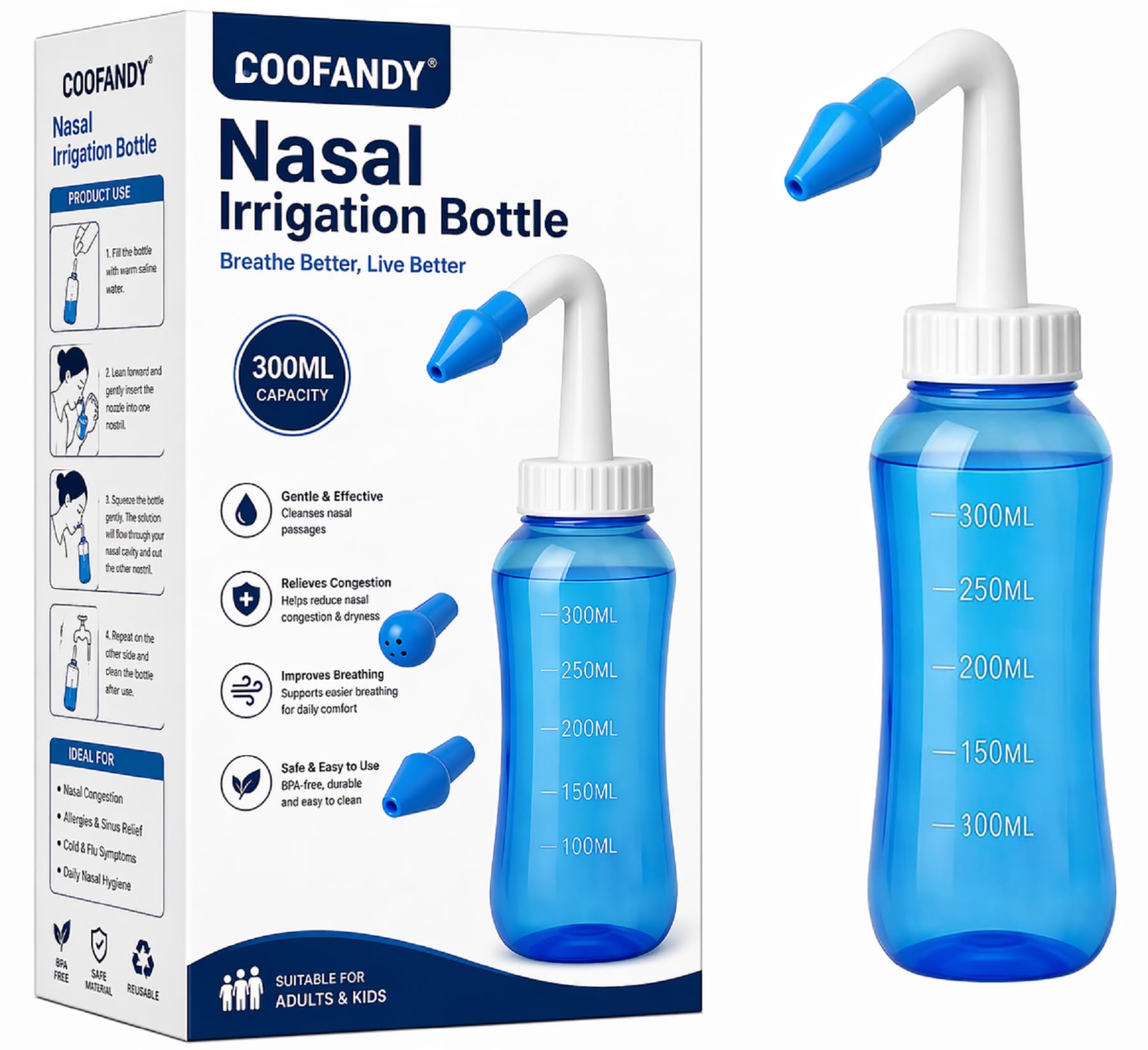 COOFANDY Nasal Rinse Bottle 300ml with 2 Nozzle Tips & Thermometer Sticker, Sinus Rinse Kit for Adults & Kids, Nasal Wash Cleaner for Allergy Relief, Cold & Sinus Care, Pressure Irrigation Neti Pot Bottle (Blue)-image-5