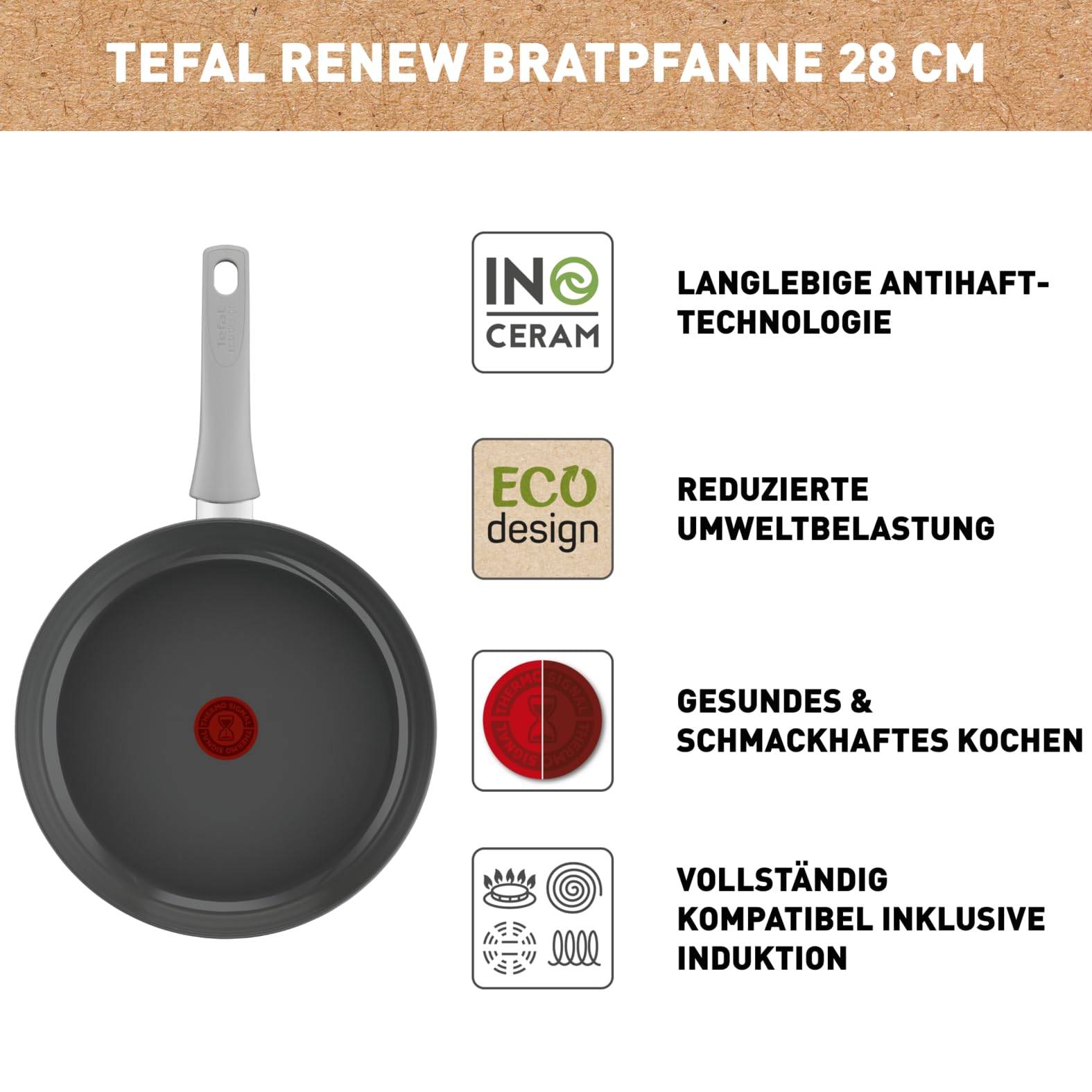 Tefal Renew On Bratpfanne 28 cm Induktion, Aluminiumpfanne mit Thermo-Signal bei idealer Brattemperatur, für alle Herdarten geeignet, Keramikversiegelung, Made in France, C42706