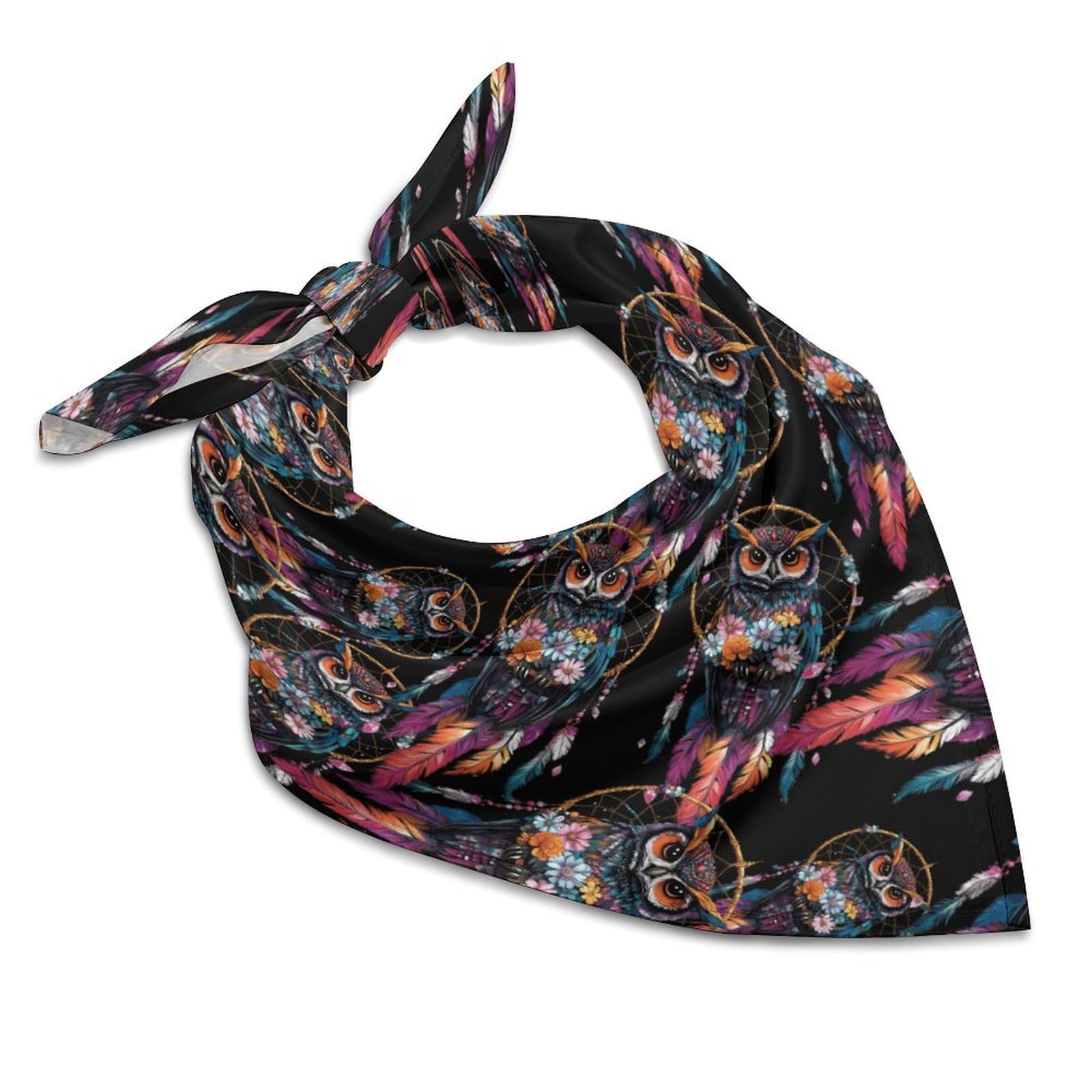 Smazdfxx Unisex As Pic Owl Dream-Catcher Fashion Head Scarf For Women Silk Like Bandana Kerchief Satin Square Scarves Gifts