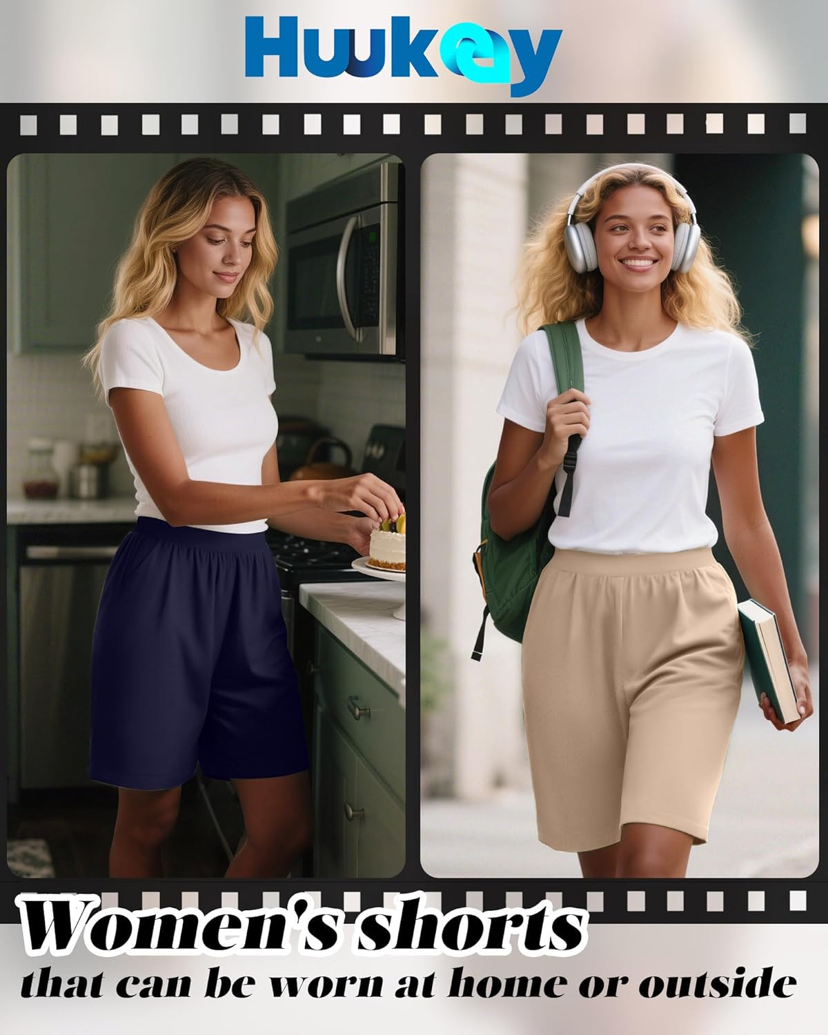 Huukeay 3 Pack Women's 8" Bermuda Shorts, High Waist Stretch Casual Knee Length Bottoms Summer Athletic Gym Short with Pocket - Image 3