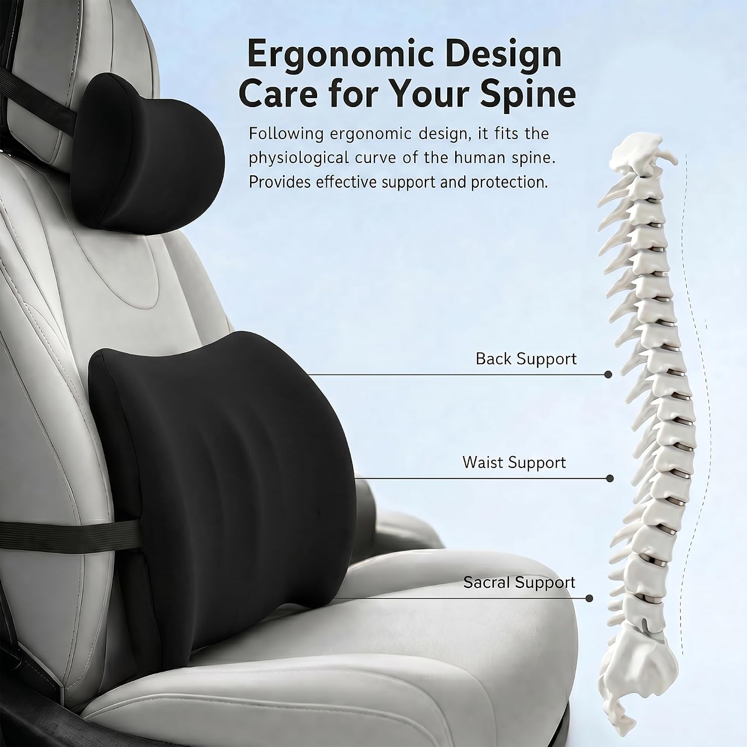 Universal Memory Foam Car Neck Pillow & Lumbar Support Pillow Set Ergonomic Adjustable Travel Neck Pillow for Car Relieve Neck Waist Sciatica Pain Washable Cover & Non-Slip Adjustable Straps Black