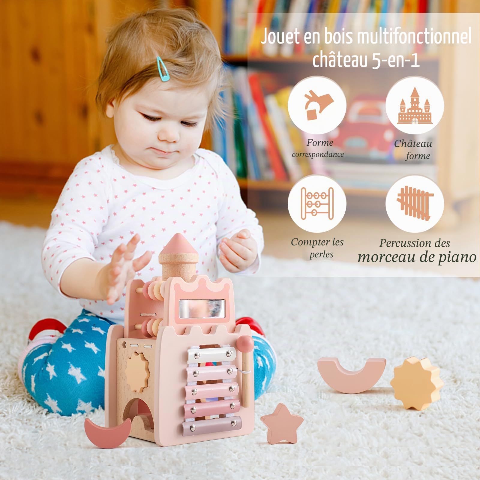 Jouet Montessori Bébé Jouet Bois, Château Rose Jouet éducatif Cube d'activité sensorielle Cube d'activité Boucle motrice Cadeau Bébé Fille Montessori Activity Cube 3+