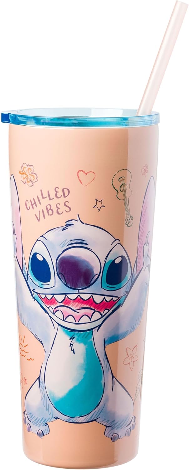 Silver Buffalo Disney Lilo and Stitch Island Doodles Chilled Vibes Double Walled Stainless Steel Tumbler with Straw, 22 Ounces