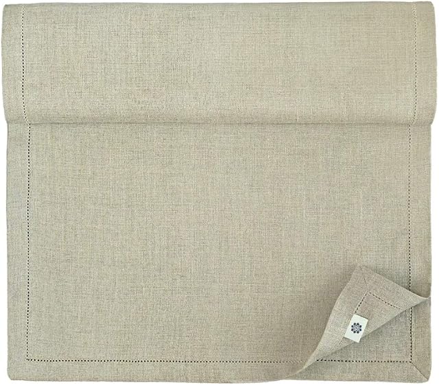 Linen & Cotton Luxury Hemstitched Natural Table Runner FLORENCE, 100% Linen - 43cm x 130cm (17.2''x 52''), Beige