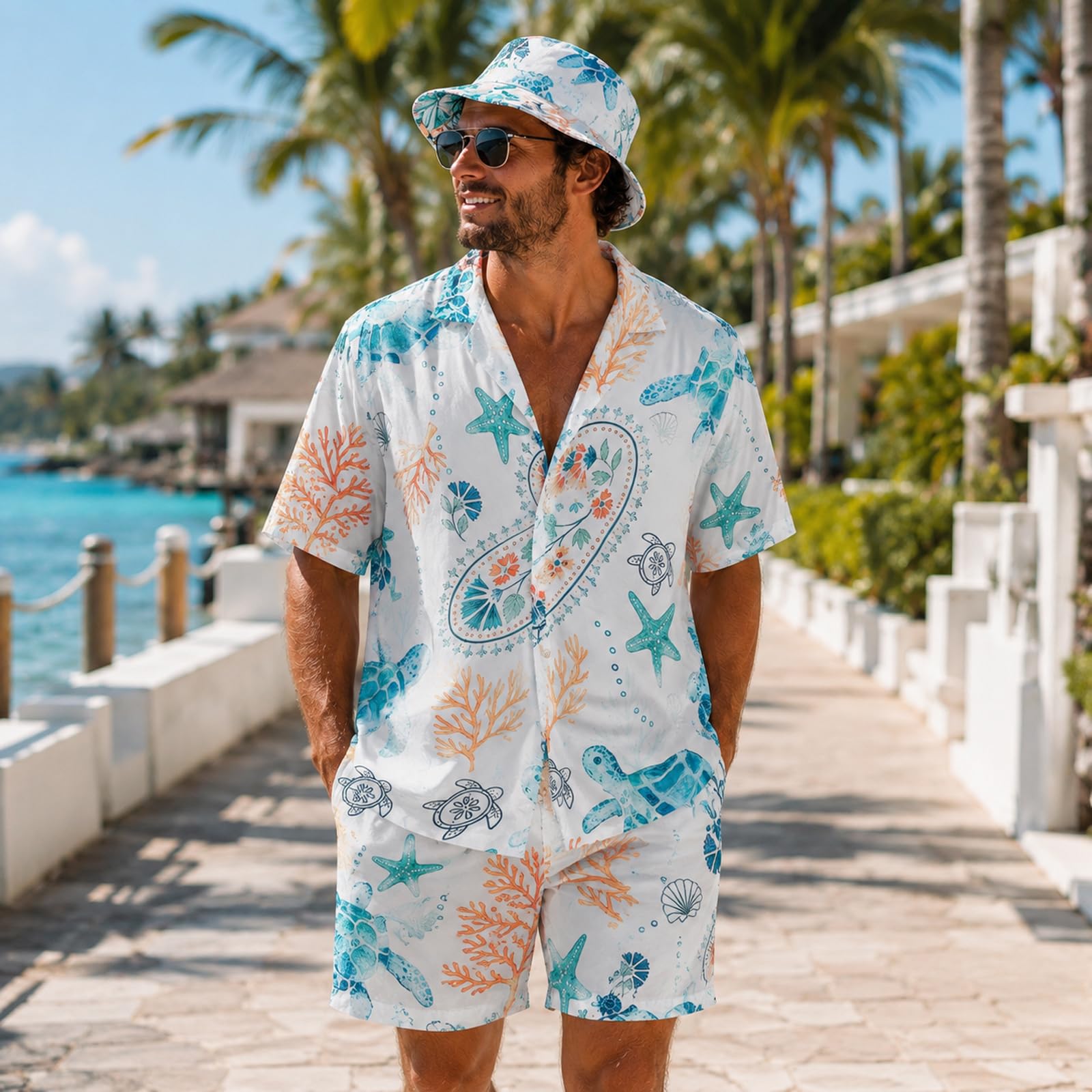 Camicia hawaiana da uomo con pantaloncini e cappello, outfit hawaiano da uomo, camicia hawaiana per festival, costume estivo da uomo Mallorca