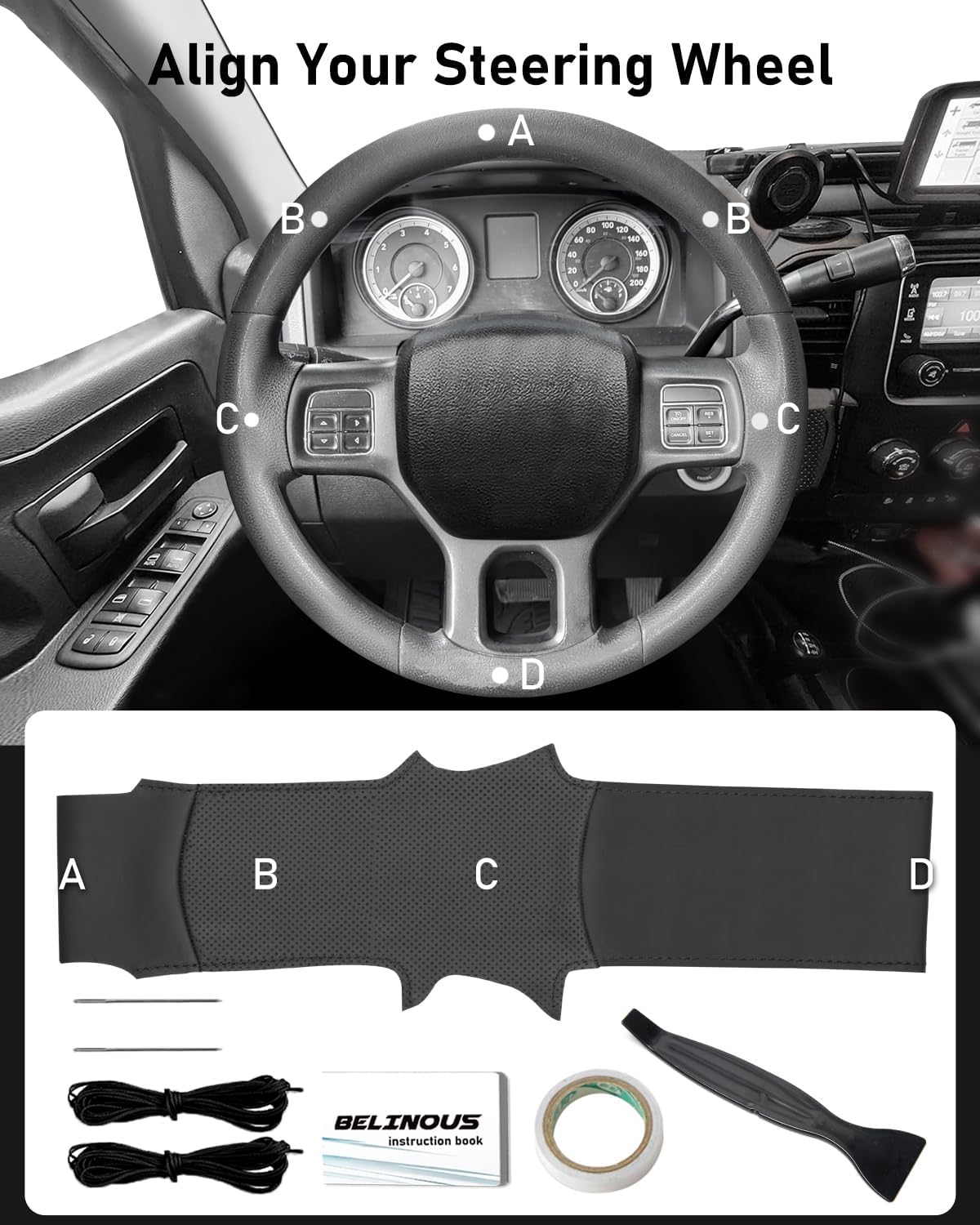 Belinous Leather Steering Wheel Cover Lace Up, Genuine Leather Hand Stitched, Steering Wheel Wrap Compatible with Dodge Ram Heavy Duty 2013-2019 1500/2500/3500/4500/5500 (W/O Mark)
