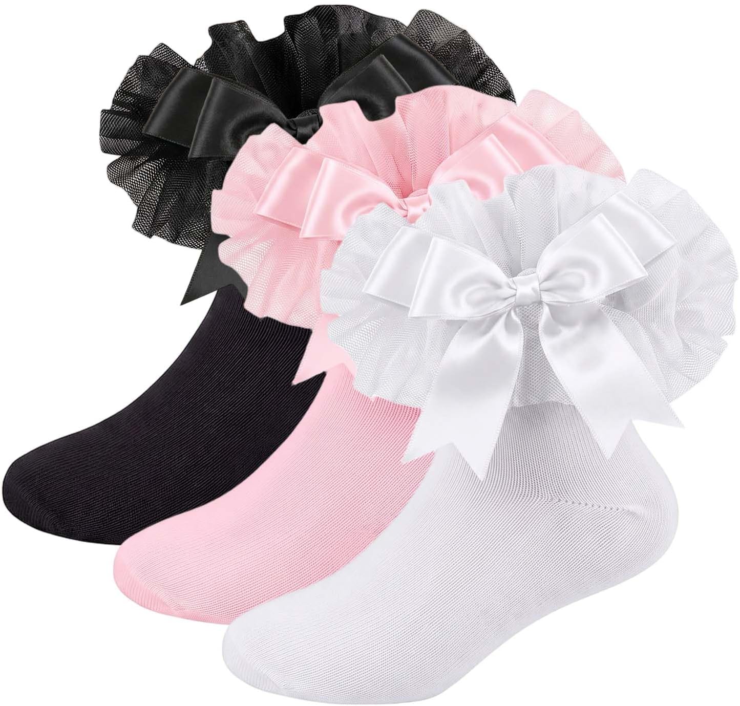 3 Pairs Ruffle Socks for Girls, Soft Cotton Frilly Lace Ankle Socks with Bow, Cute Tutu Dress Socks for School & Daily