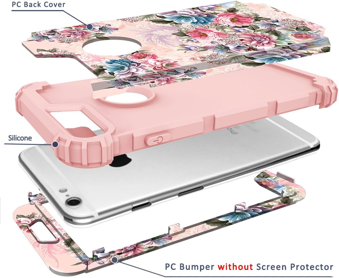 Hocase for iPhone 6s Plus Case/iPhone 6 Plus Case, Heavy Duty Shockproof Soft Silicone Rubber+Hard Plastic Protective Case for iPhone 6 Plus/6s Plus (5.5" Display) - Peony Flower/Rose Gold
